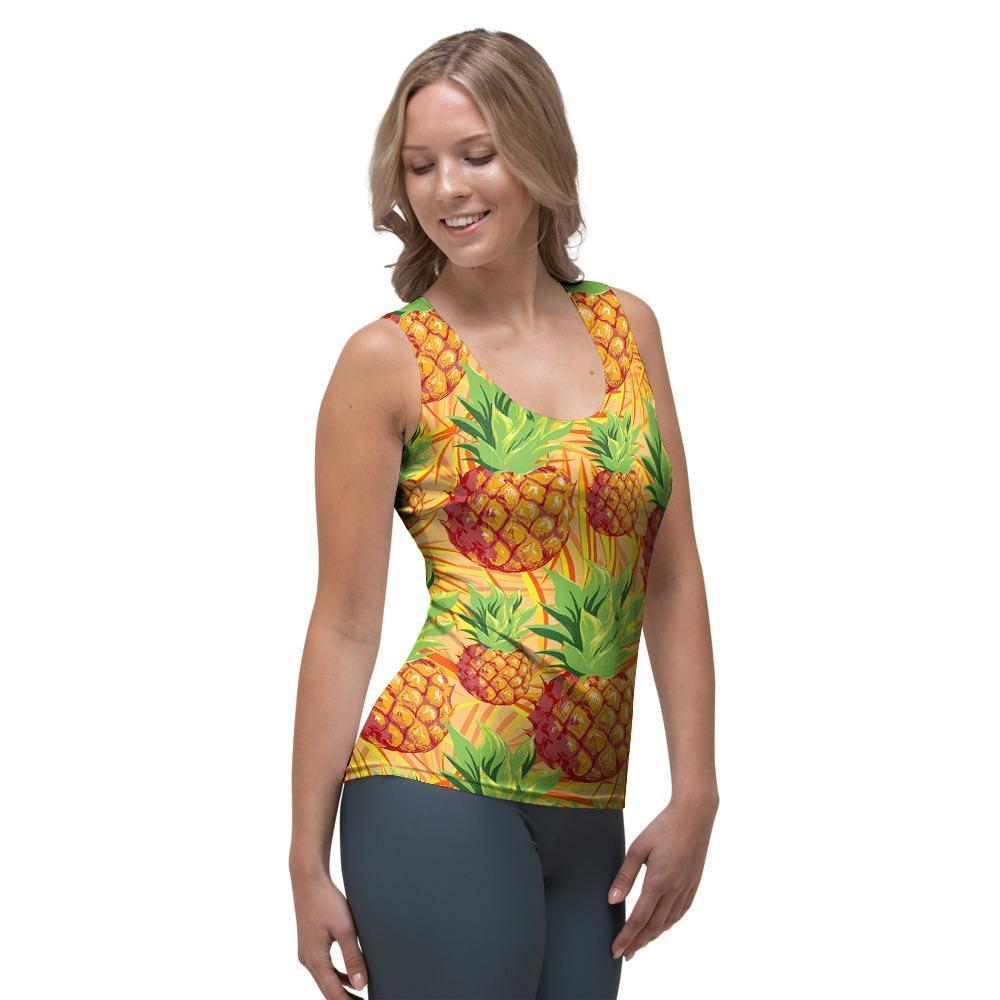 Neon Yellow Pineapple Hawaiian Print Women's Tank Top-grizzshop