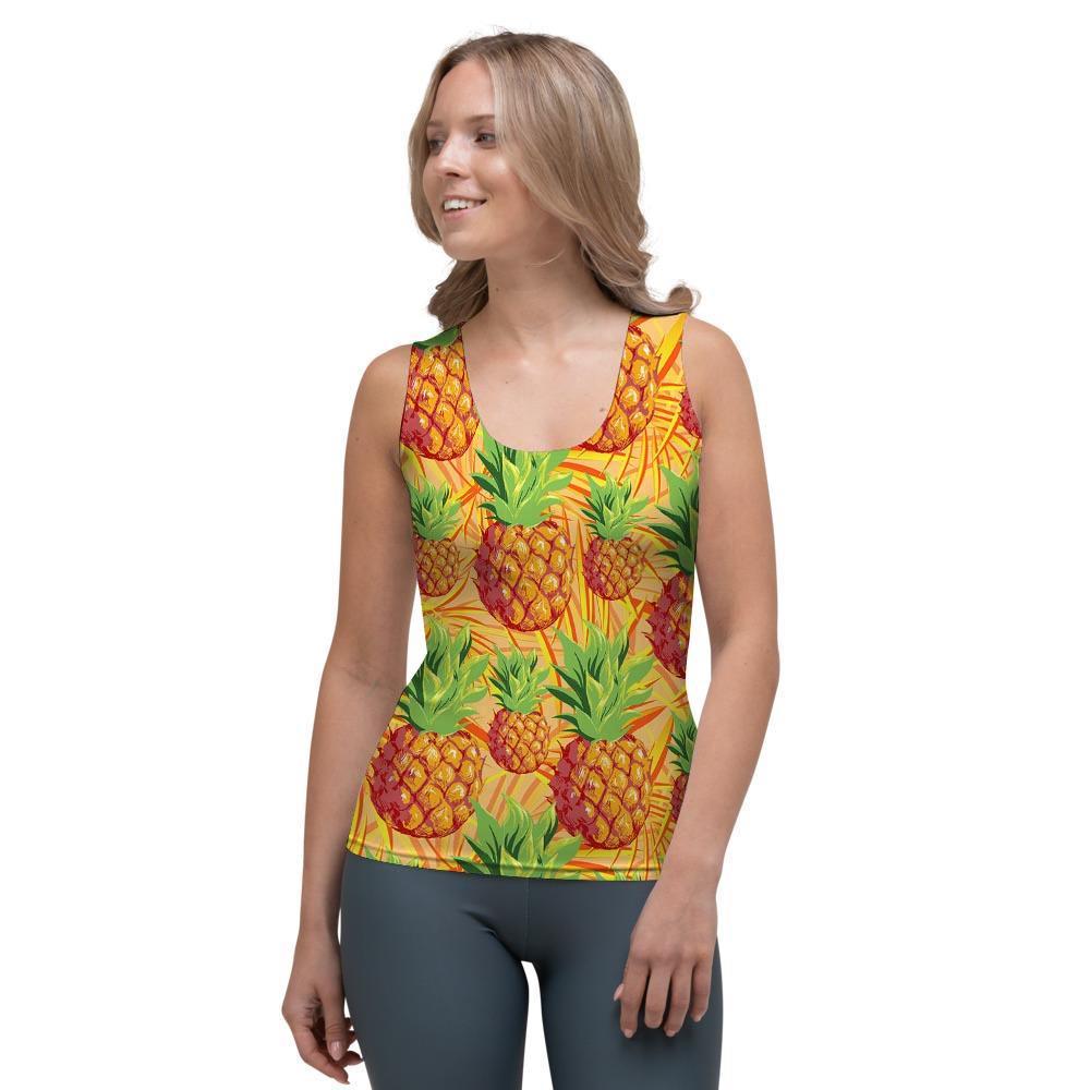 Neon Yellow Pineapple Hawaiian Print Women's Tank Top-grizzshop