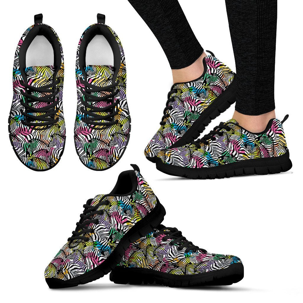 Neon Zebra Pattern Print Black Sneaker Shoes For Men Women-grizzshop