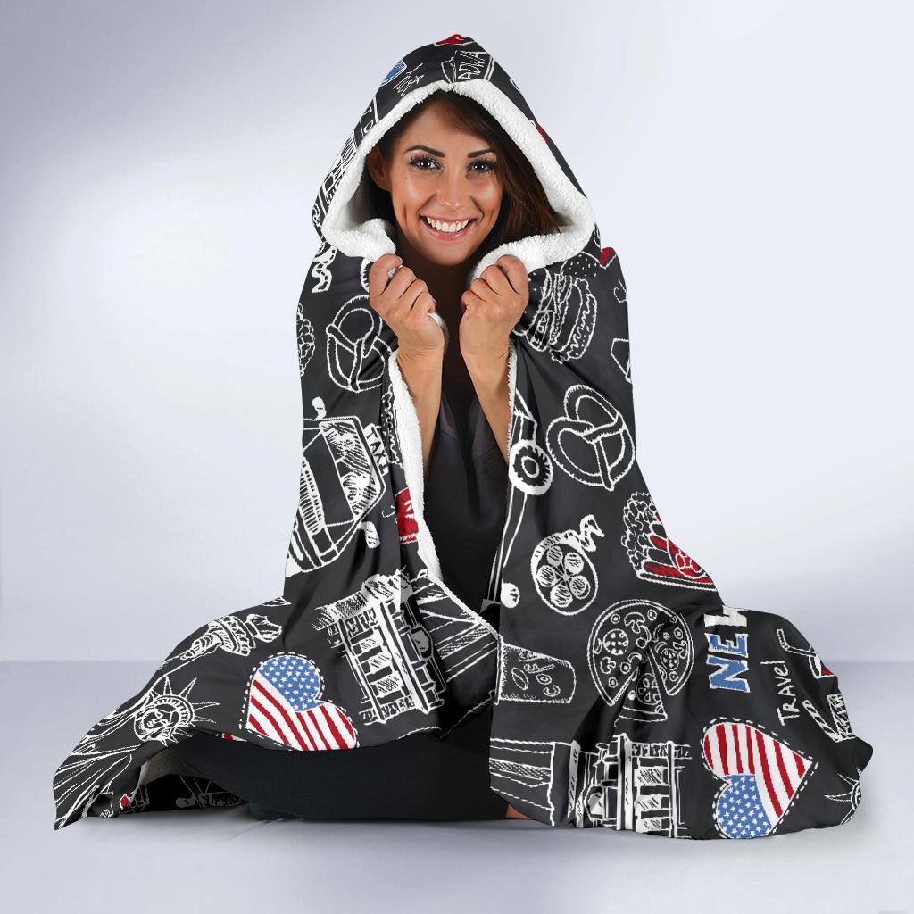 New York Love Pattern Print Hooded Blanket-grizzshop