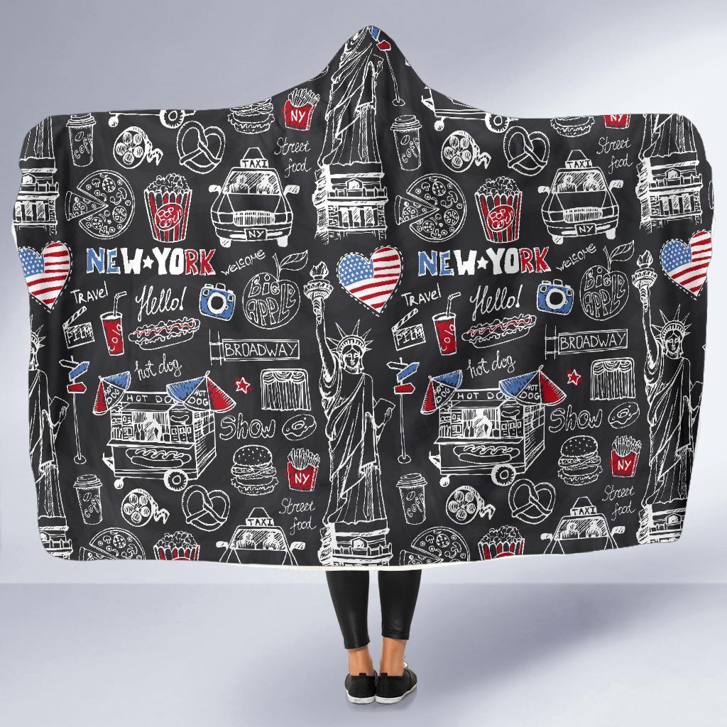 New York Love Pattern Print Hooded Blanket-grizzshop