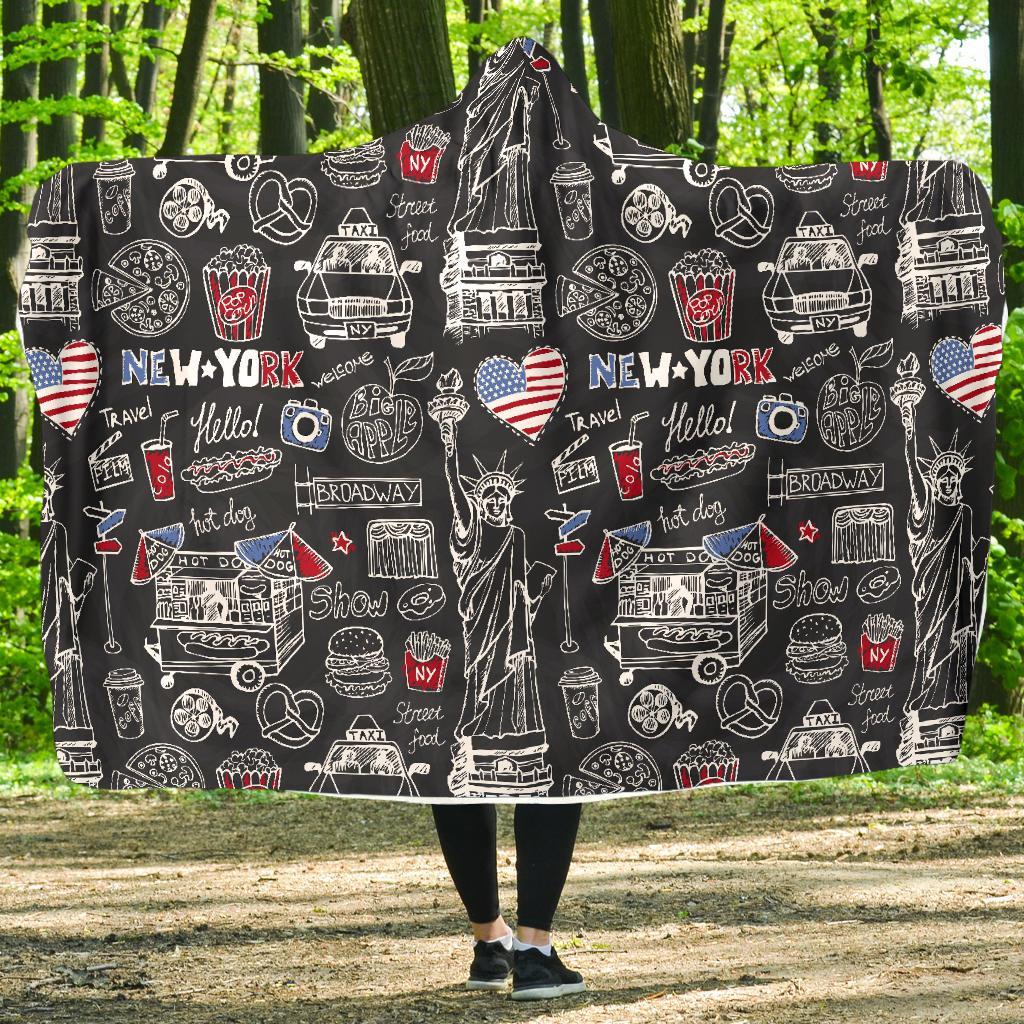 New York Love Pattern Print Hooded Blanket-grizzshop