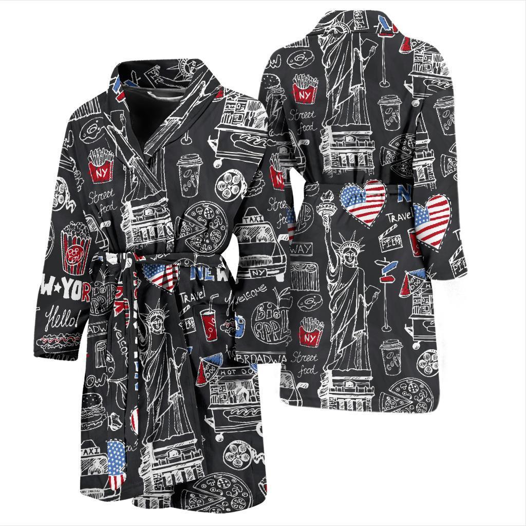 New York Love Pattern Print Men Long Robe-grizzshop