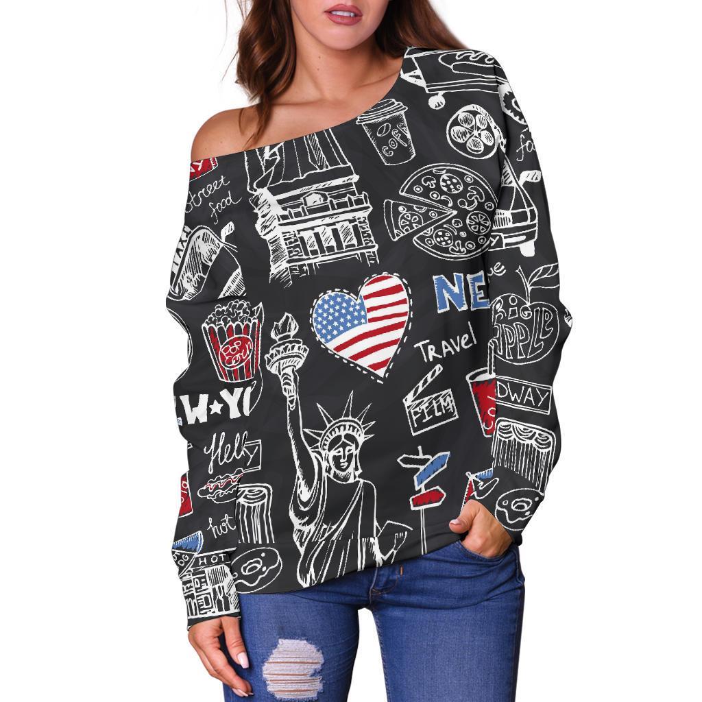 New York Love Pattern Print Women Off Shoulder Sweatshirt-grizzshop