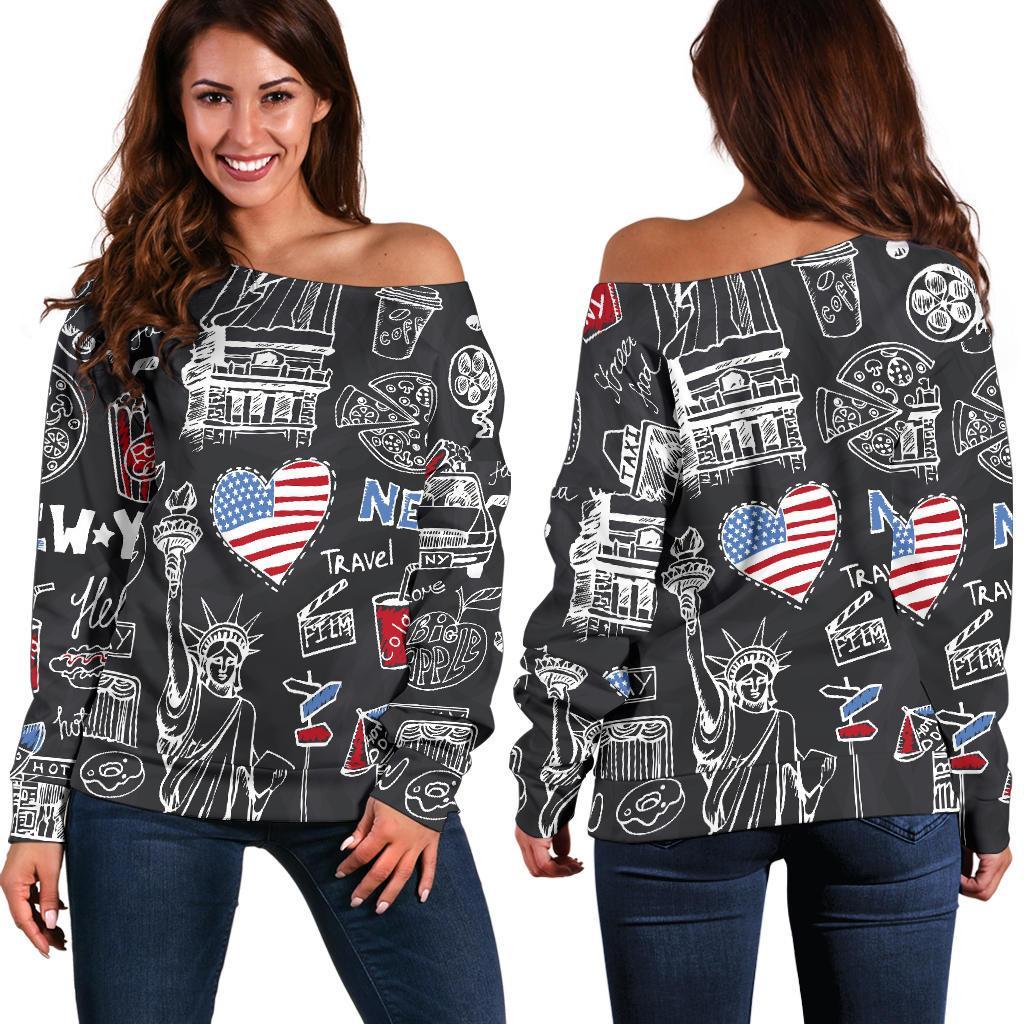 New York Love Pattern Print Women Off Shoulder Sweatshirt-grizzshop