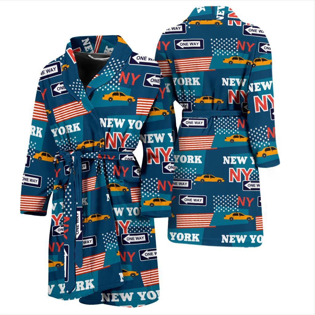 New York Pattern Print Men Long Robe-grizzshop