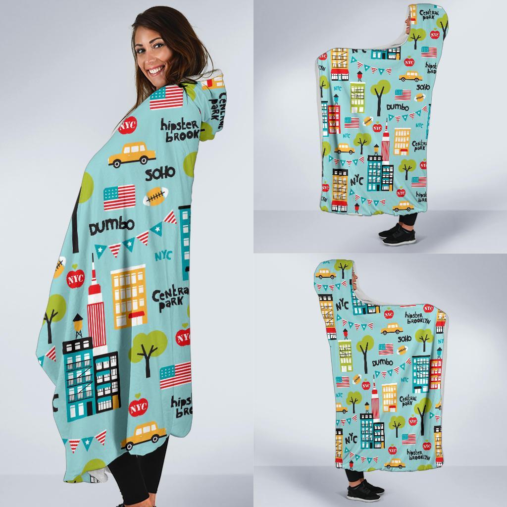 New York Print Pattern Hooded Blanket-grizzshop