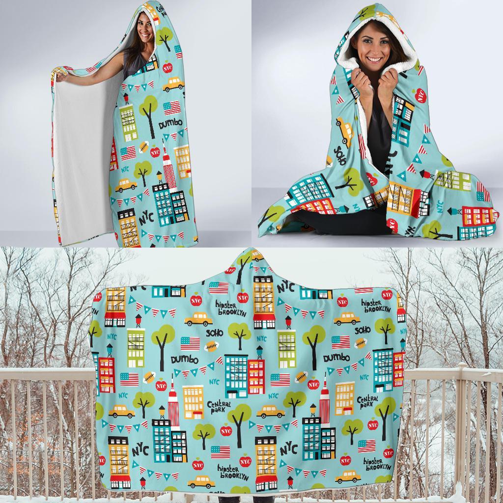 New York Print Pattern Hooded Blanket-grizzshop