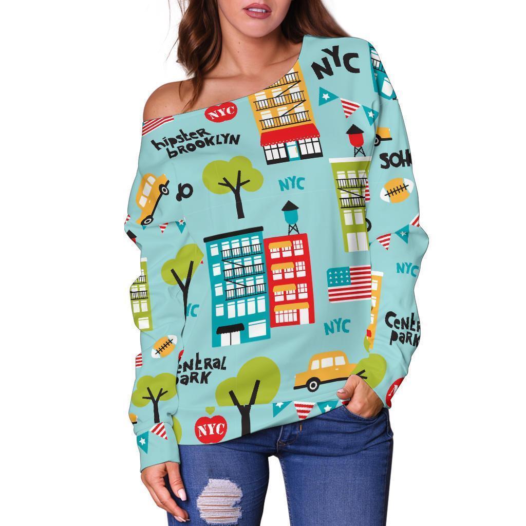 New York Print Pattern Women Off Shoulder Sweatshirt-grizzshop