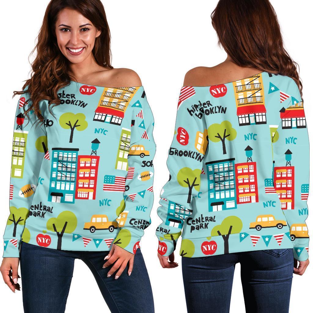 New York Print Pattern Women Off Shoulder Sweatshirt-grizzshop