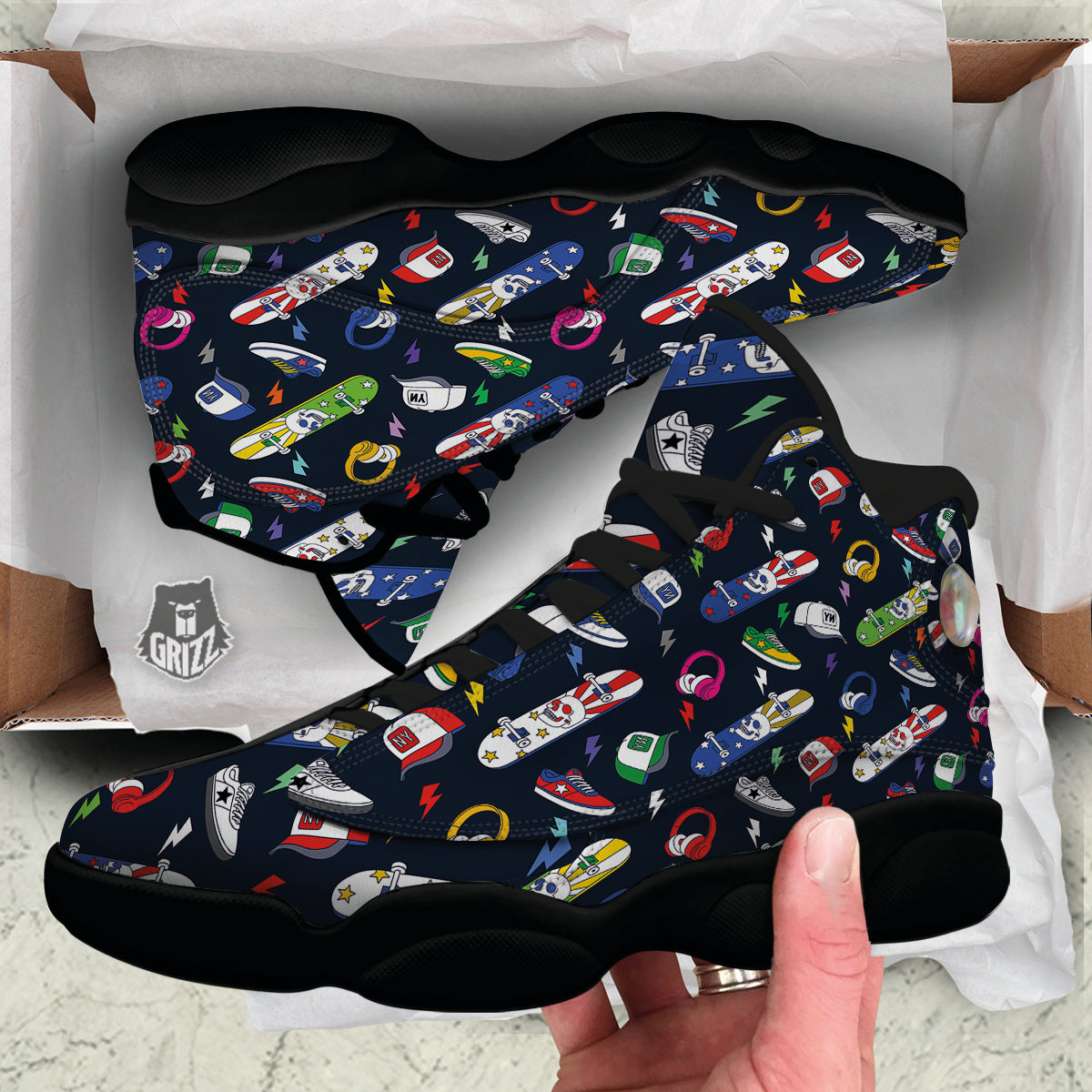 New York Skateboard Colorful Print Pattern Black Basketball Shoes-grizzshop