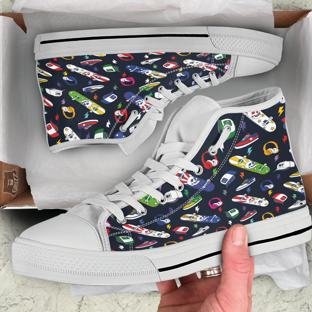 New York Skateboard Colorful Print Pattern White High Top Shoes-grizzshop