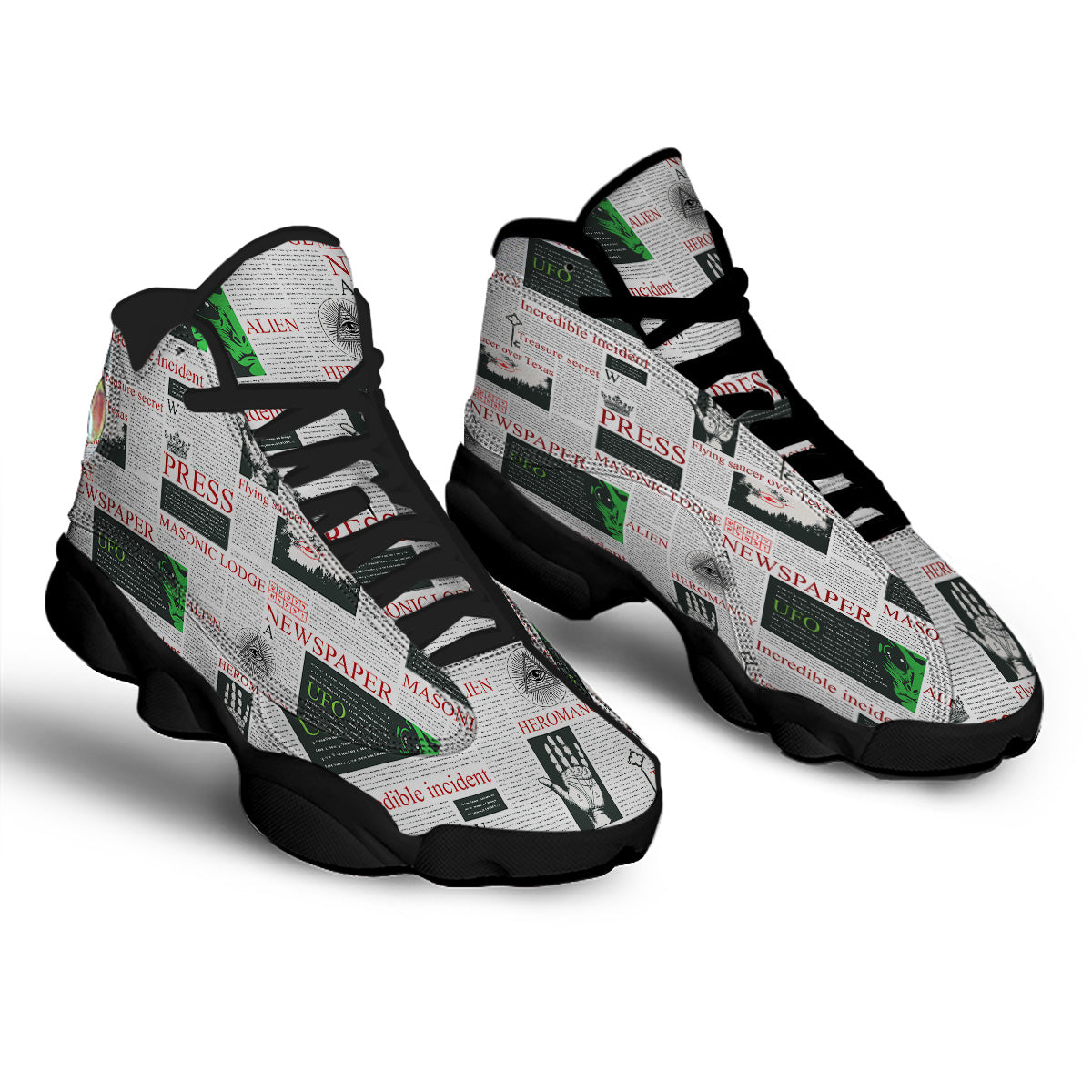Newspaper Aliens Topic Print Pattern Black Basketball Shoes-grizzshop