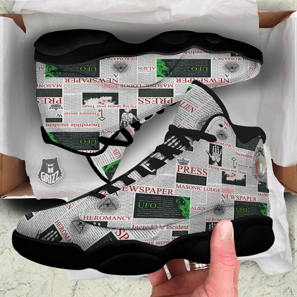 Newspaper Aliens Topic Print Pattern Black Basketball Shoes-grizzshop