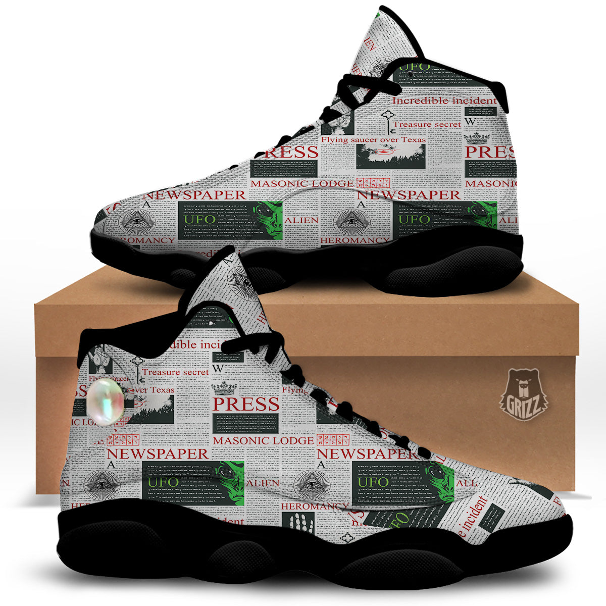 Newspaper Aliens Topic Print Pattern Black Basketball Shoes-grizzshop