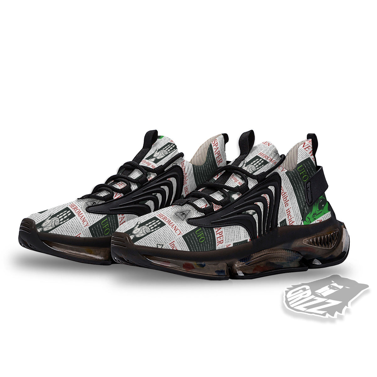 Newspaper Aliens Topic Print Pattern Black Gym Shoes-grizzshop