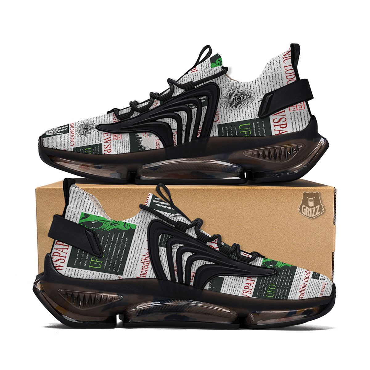 Newspaper Aliens Topic Print Pattern Black Gym Shoes-grizzshop