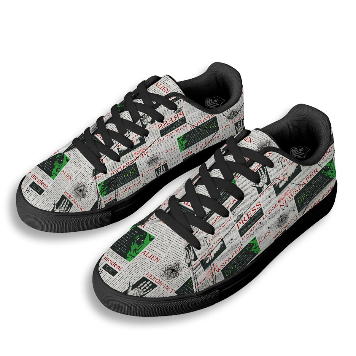 Newspaper Aliens Topic Print Pattern Black Low Top Sneakers-grizzshop
