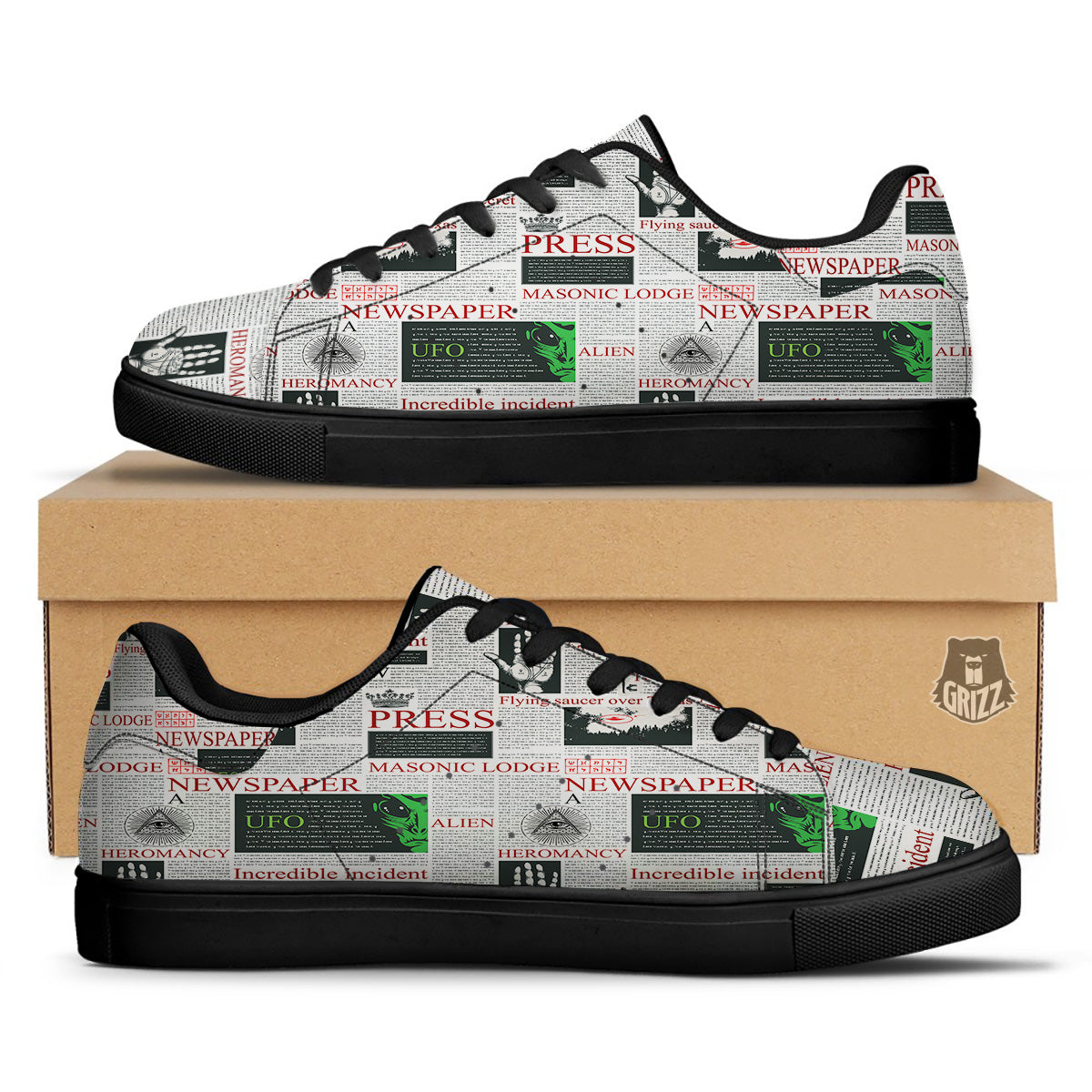 Newspaper Aliens Topic Print Pattern Black Low Top Sneakers-grizzshop