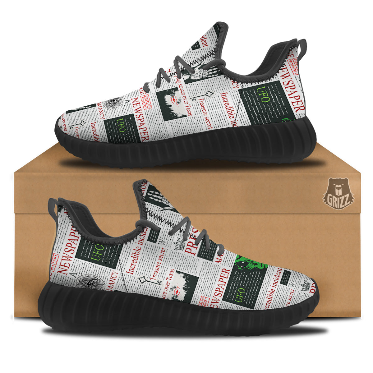 Newspaper Aliens Topic Print Pattern Black Walking Shoes-grizzshop