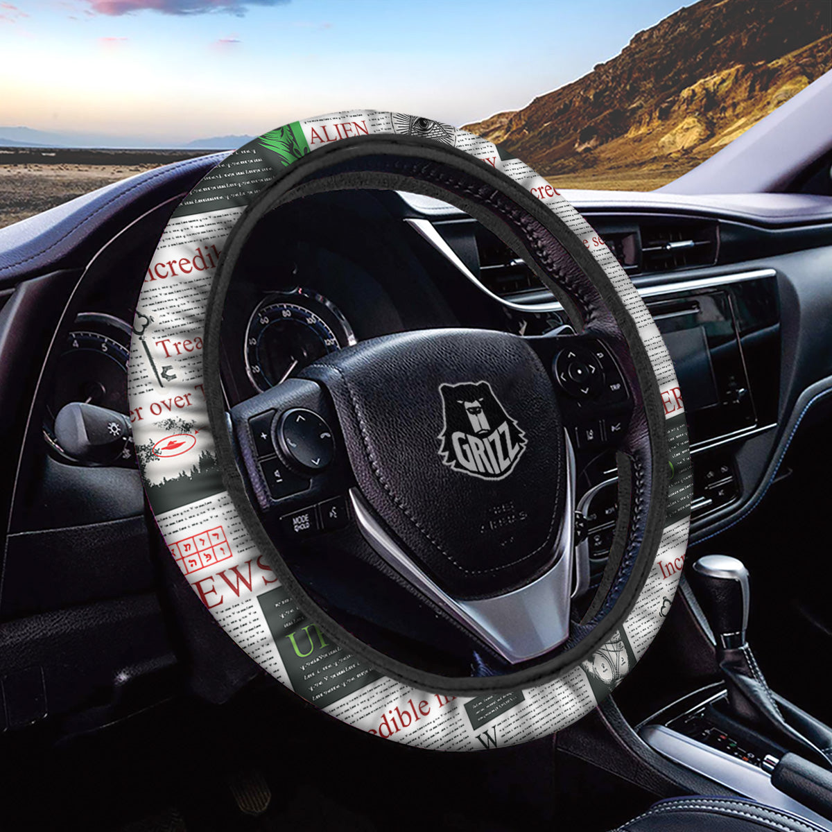 Newspaper Aliens Topic Print Pattern Car Steering Wheel Cover-grizzshop