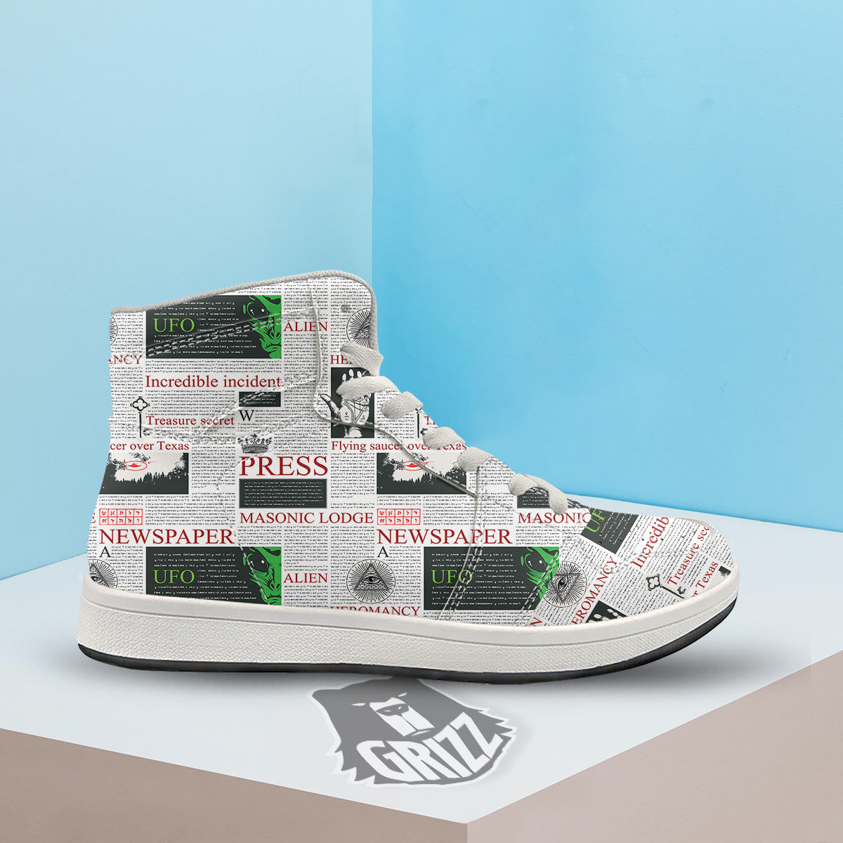 Newspaper Aliens Topic Print Pattern High Top Sneakers-grizzshop