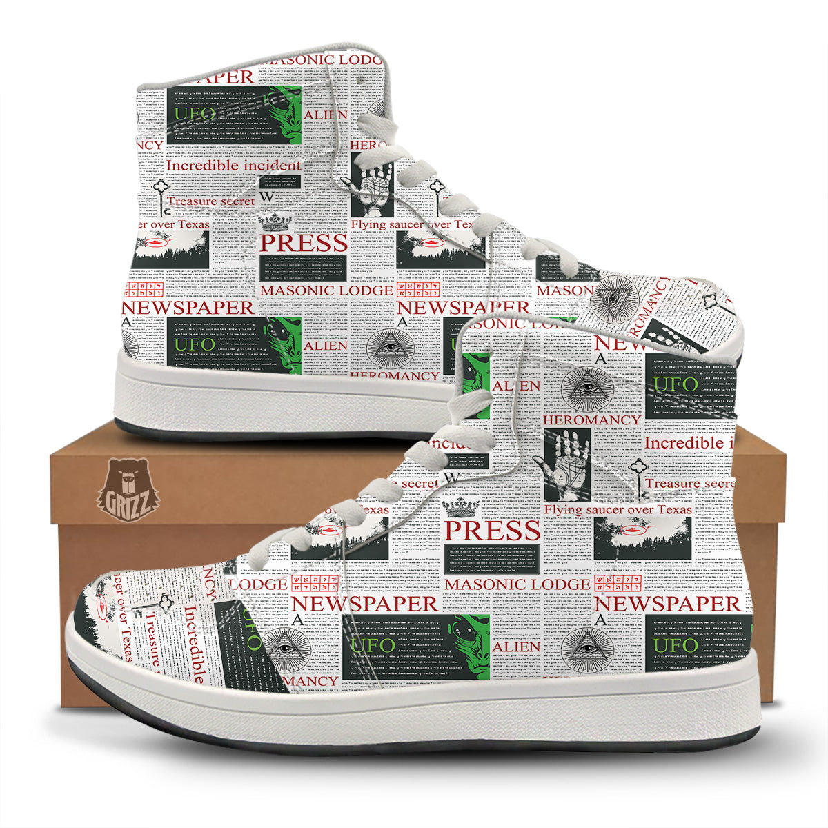 Newspaper Aliens Topic Print Pattern High Top Sneakers-grizzshop
