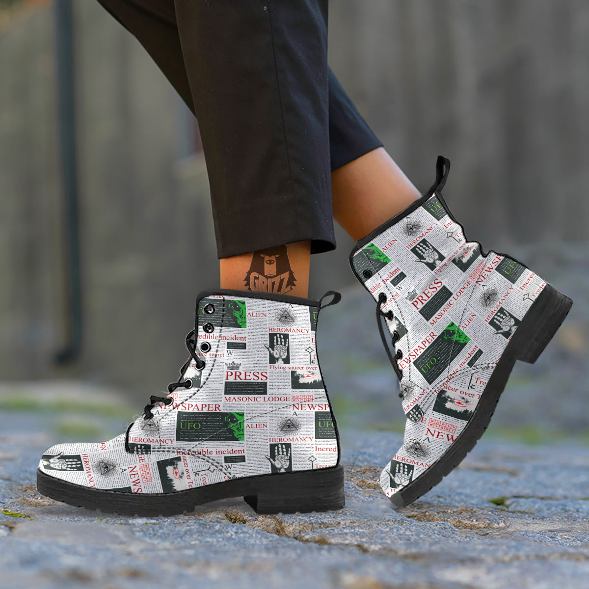 Newspaper Aliens Topic Print Pattern Leather Boots-grizzshop
