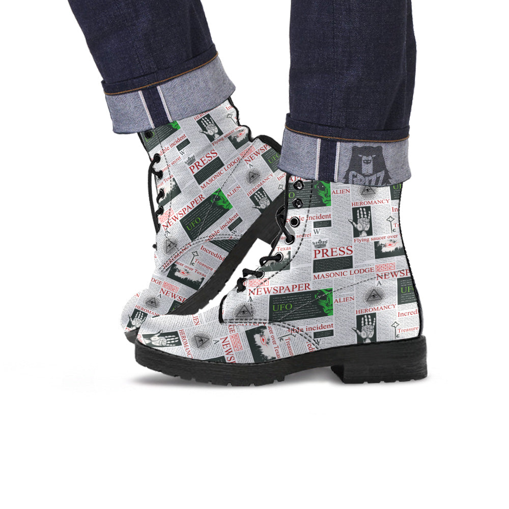 Newspaper Aliens Topic Print Pattern Leather Boots-grizzshop