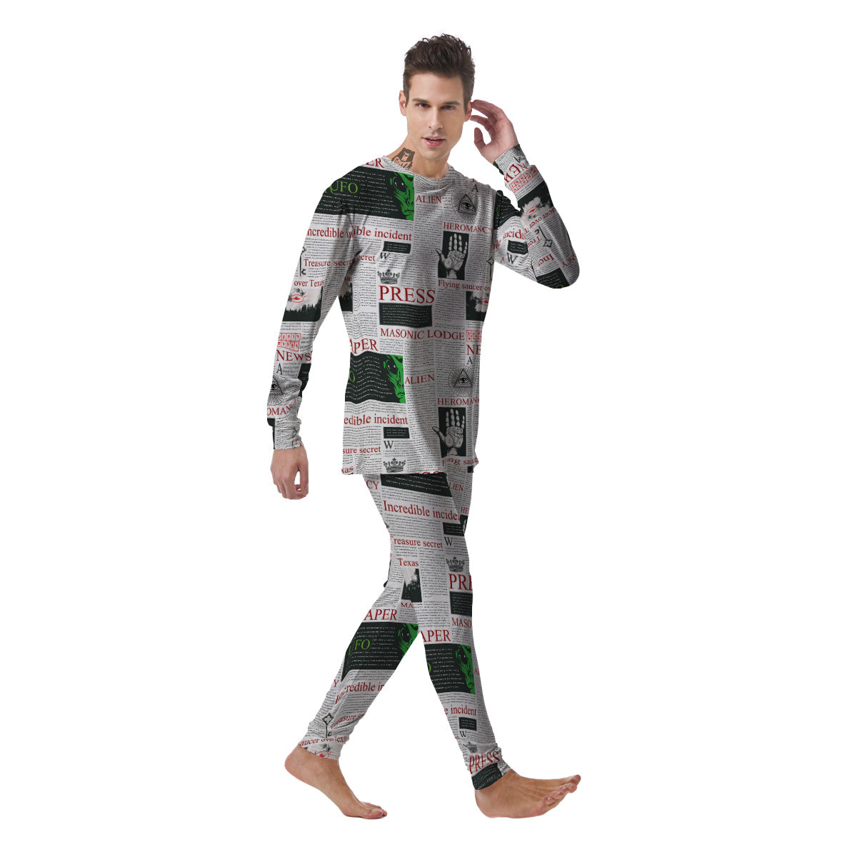 Newspaper Aliens Topic Print Pattern Men's Pajamas-grizzshop