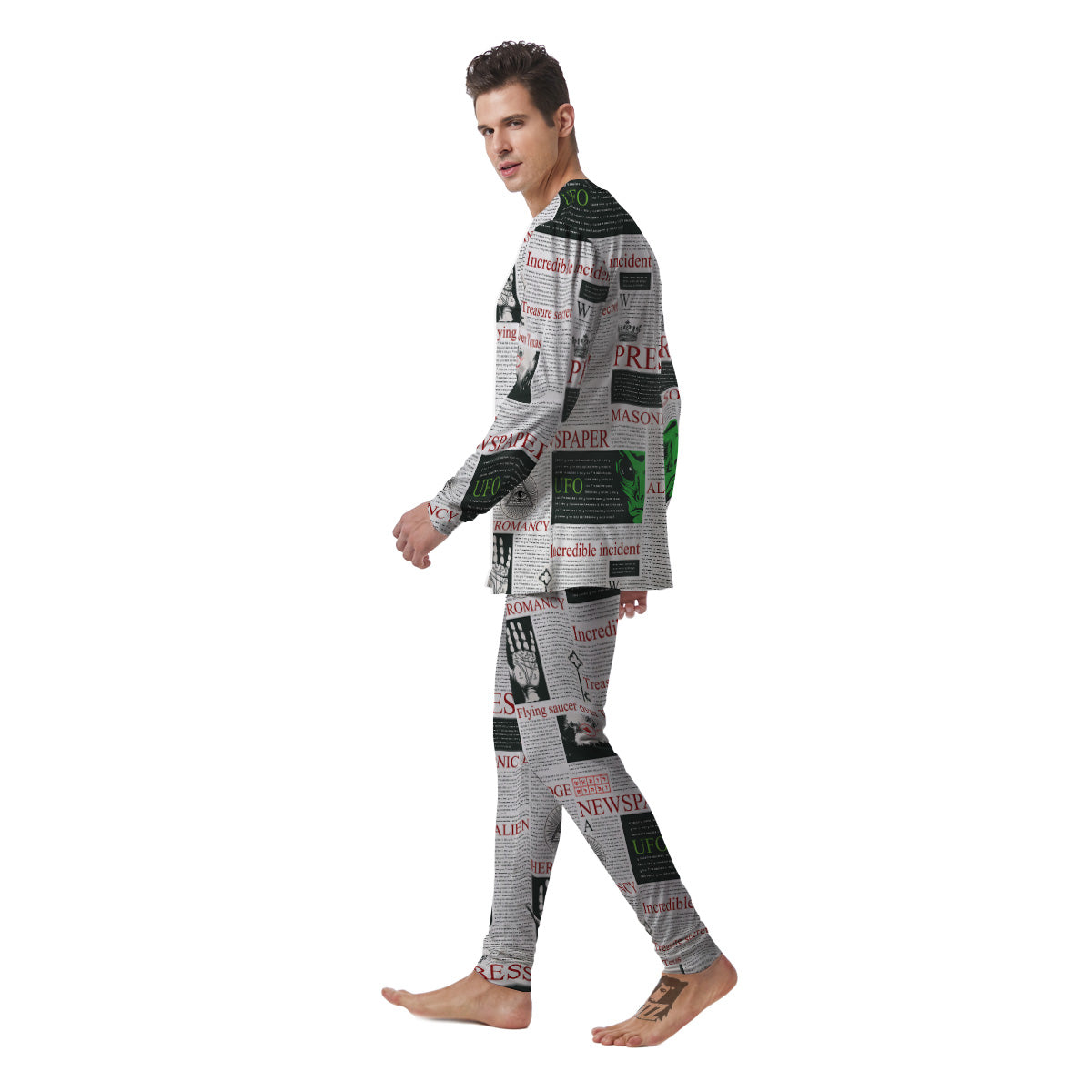 Newspaper Aliens Topic Print Pattern Men's Pajamas-grizzshop