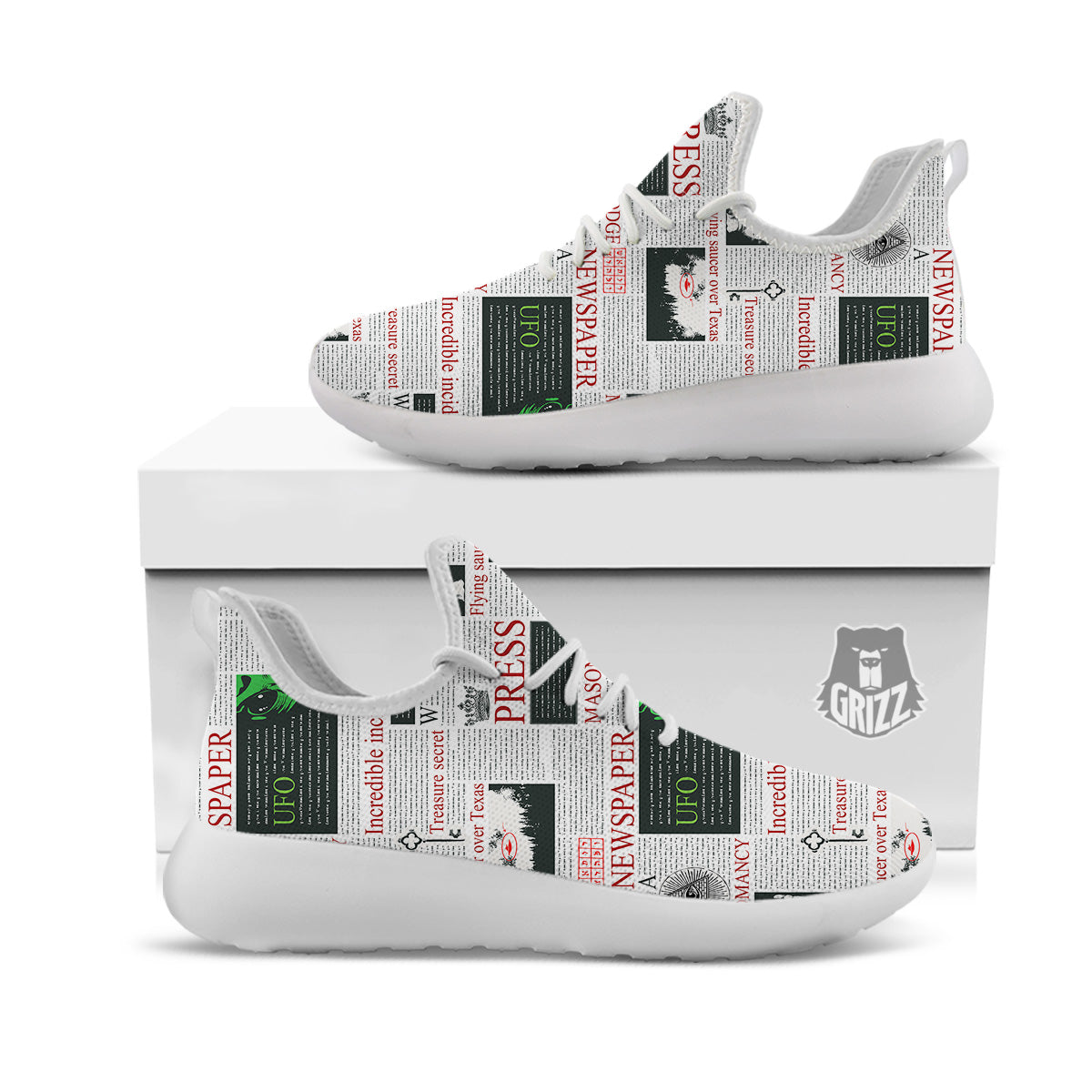 Newspaper Aliens Topic Print Pattern White Athletic Shoes-grizzshop