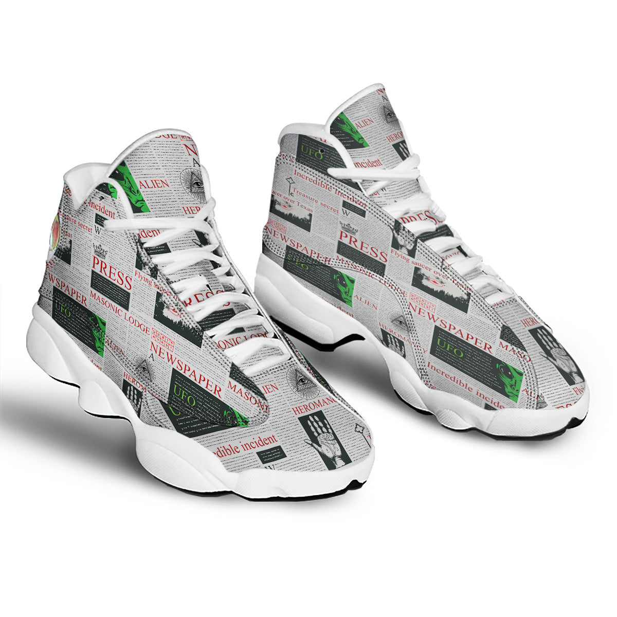 Newspaper Aliens Topic Print Pattern White Basketball Shoes-grizzshop