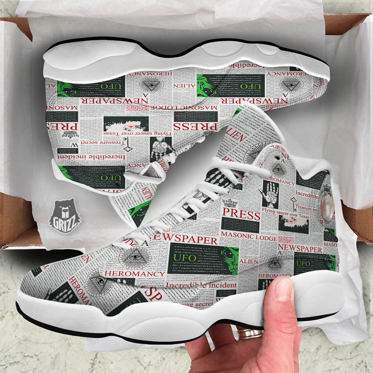 Newspaper Aliens Topic Print Pattern White Basketball Shoes-grizzshop