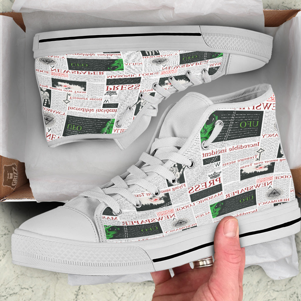 Newspaper Aliens Topic Print Pattern White High Top Shoes-grizzshop