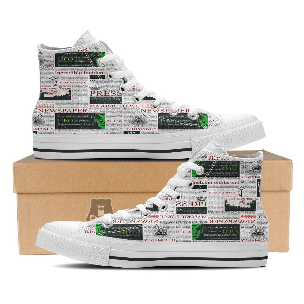 Newspaper Aliens Topic Print Pattern White High Top Shoes-grizzshop