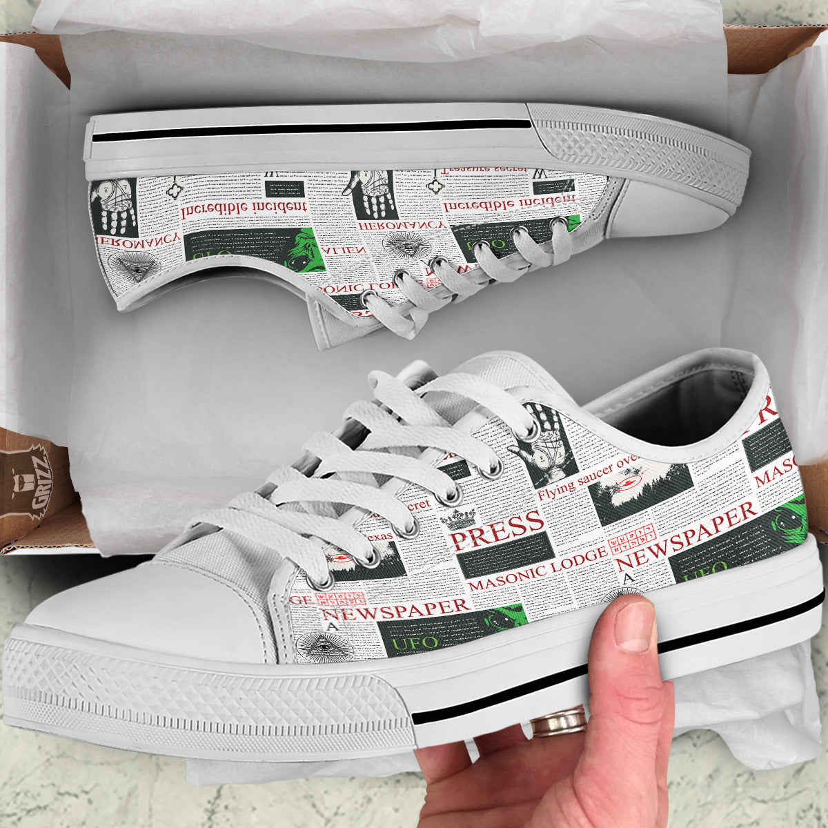 Newspaper Aliens Topic Print Pattern White Low Top Shoes-grizzshop