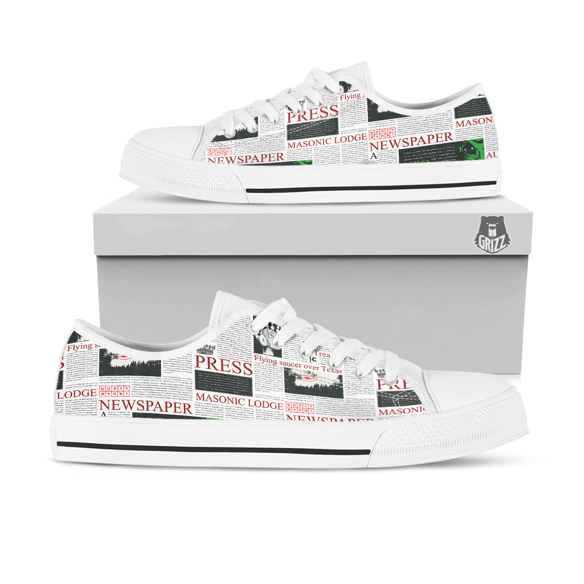 Newspaper Aliens Topic Print Pattern White Low Top Shoes-grizzshop