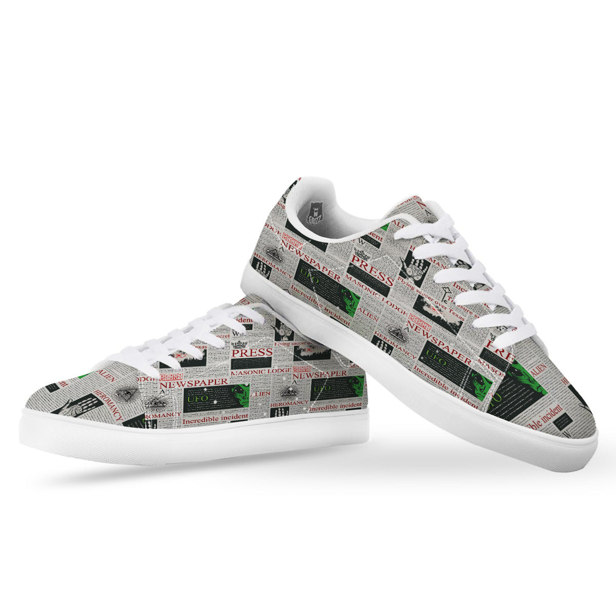 Newspaper Aliens Topic Print Pattern White Low Top Sneakers-grizzshop
