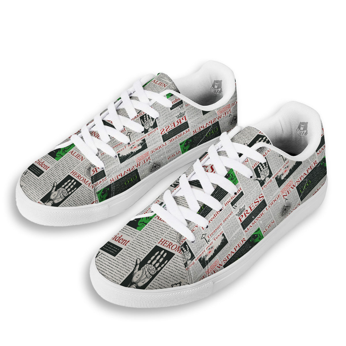 Newspaper Aliens Topic Print Pattern White Low Top Sneakers-grizzshop