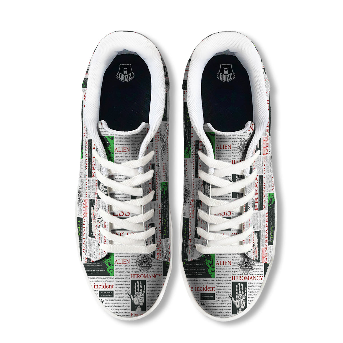 Newspaper Aliens Topic Print Pattern White Low Top Sneakers-grizzshop