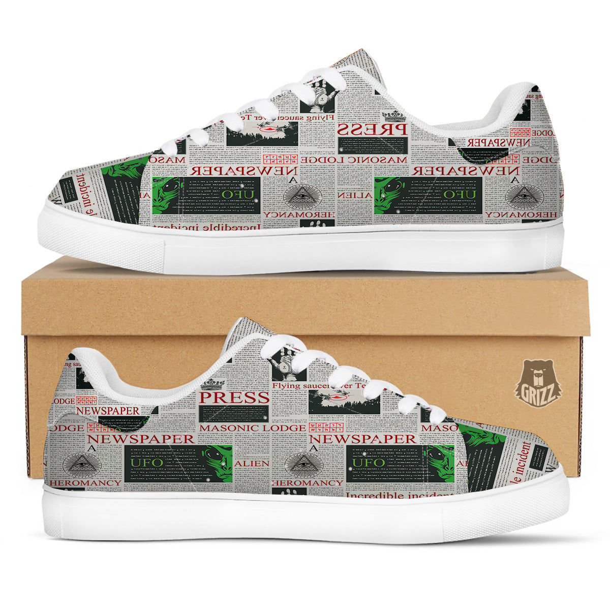 Newspaper Aliens Topic Print Pattern White Low Top Sneakers-grizzshop