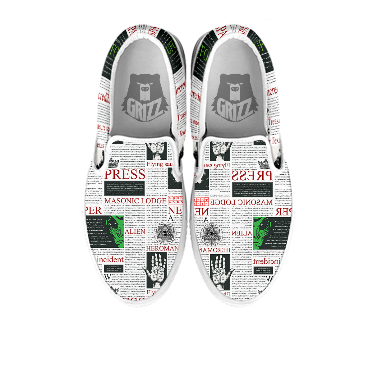 Newspaper Aliens Topic Print Pattern White Slip On Shoes-grizzshop