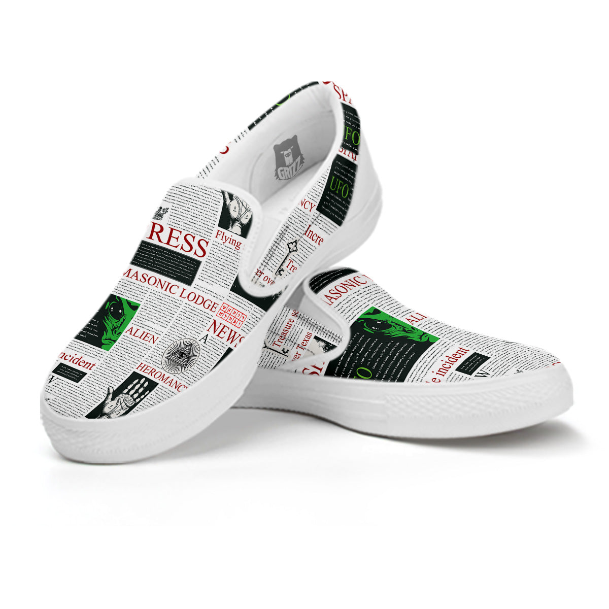Newspaper Aliens Topic Print Pattern White Slip On Shoes-grizzshop