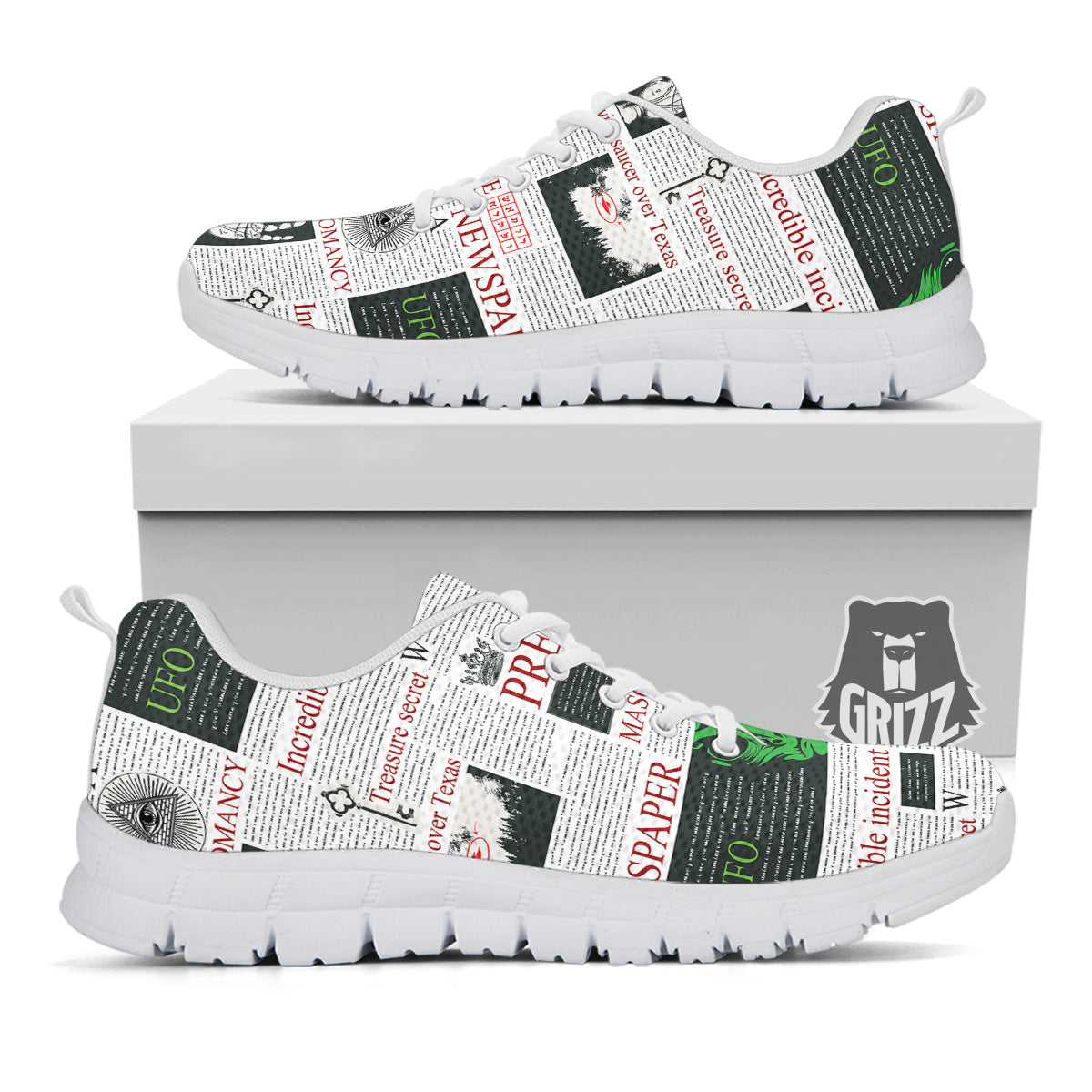 Newspaper Aliens Topic Print Pattern White Sneaker-grizzshop