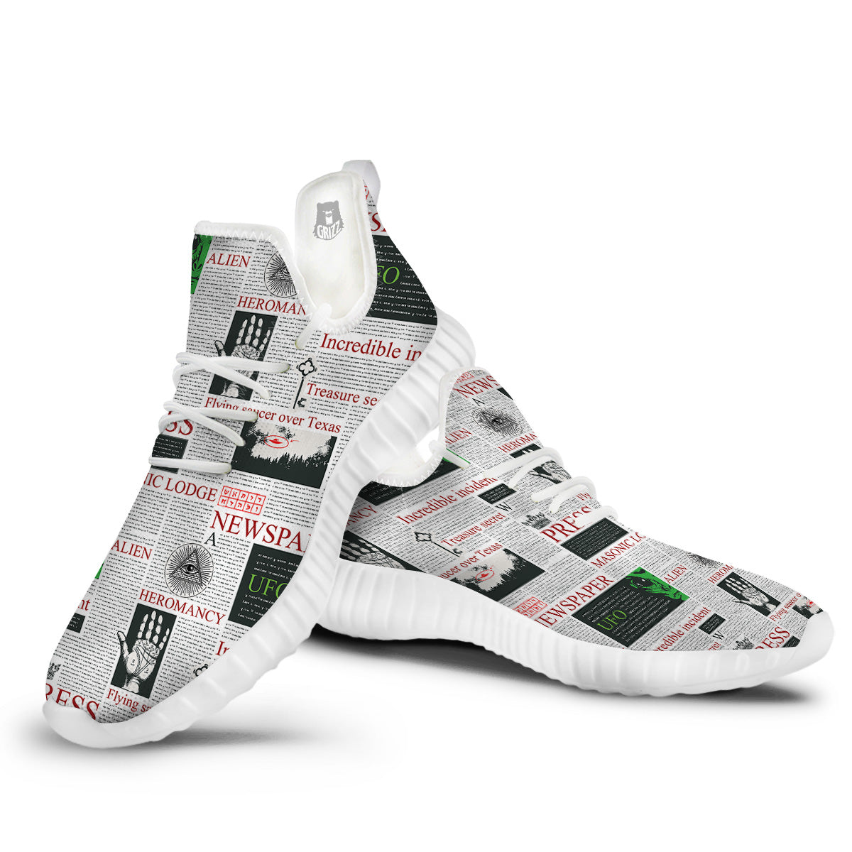 Newspaper Aliens Topic Print Pattern White Walking Shoes-grizzshop