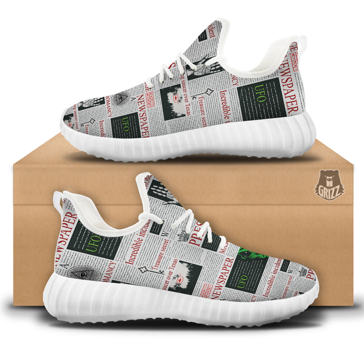 Newspaper Aliens Topic Print Pattern White Walking Shoes-grizzshop