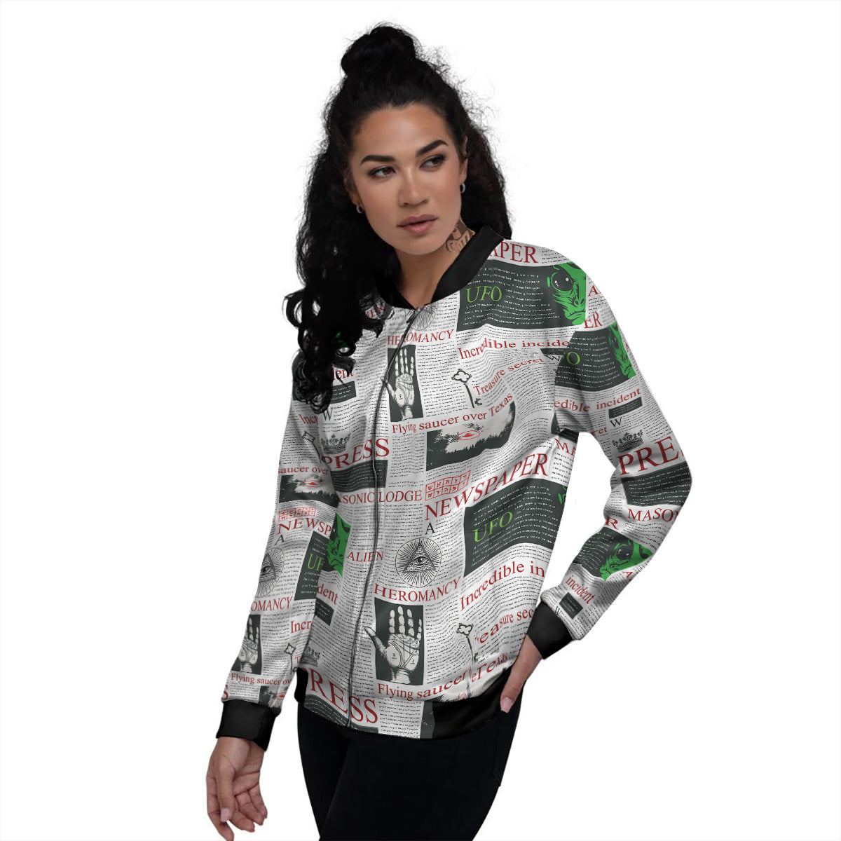 Newspaper Aliens Topic Print Pattern Women's Bomber Jacket-grizzshop
