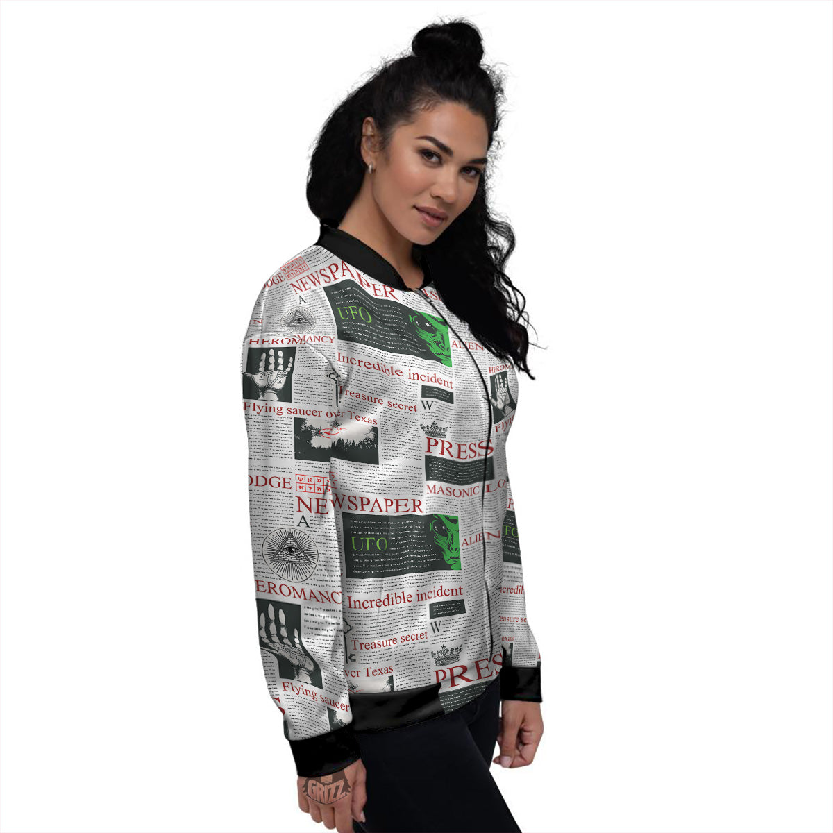Newspaper Aliens Topic Print Pattern Women's Bomber Jacket-grizzshop