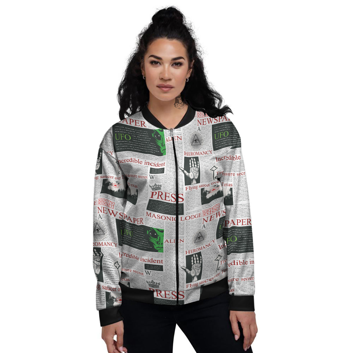 Newspaper Aliens Topic Print Pattern Women's Bomber Jacket-grizzshop